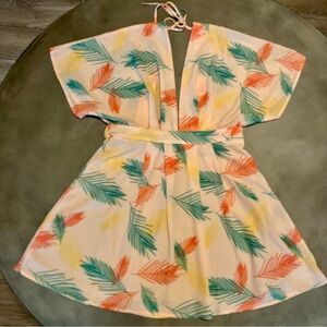 Kimono Style Peach Tropical Leaf Print  Deep V Open Back Dress